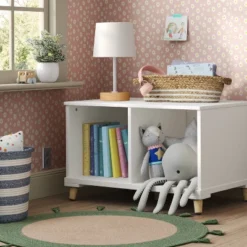 Modern Kids' Toy Storage Bench - Pillowfort™: White MDF Decorative Cabinet, Divided Storage, 28.86" Width