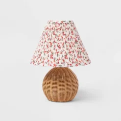 Round Faux Rattan Kids' Lamp With Pleated Floral Shade - Pillowfort™