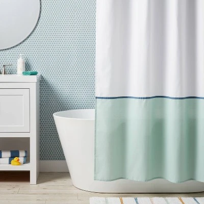 Kids' Shower Curtain White With Teal Border - Pillowfort™: Abstract Twill, Green, OEKO-TEX Certified, 72"x72" 1 Kids' Shower Curtain White With Teal Border - Pillowfort™: Abstract Twill, Green, OEKO-TEX Certified, 72"x72"